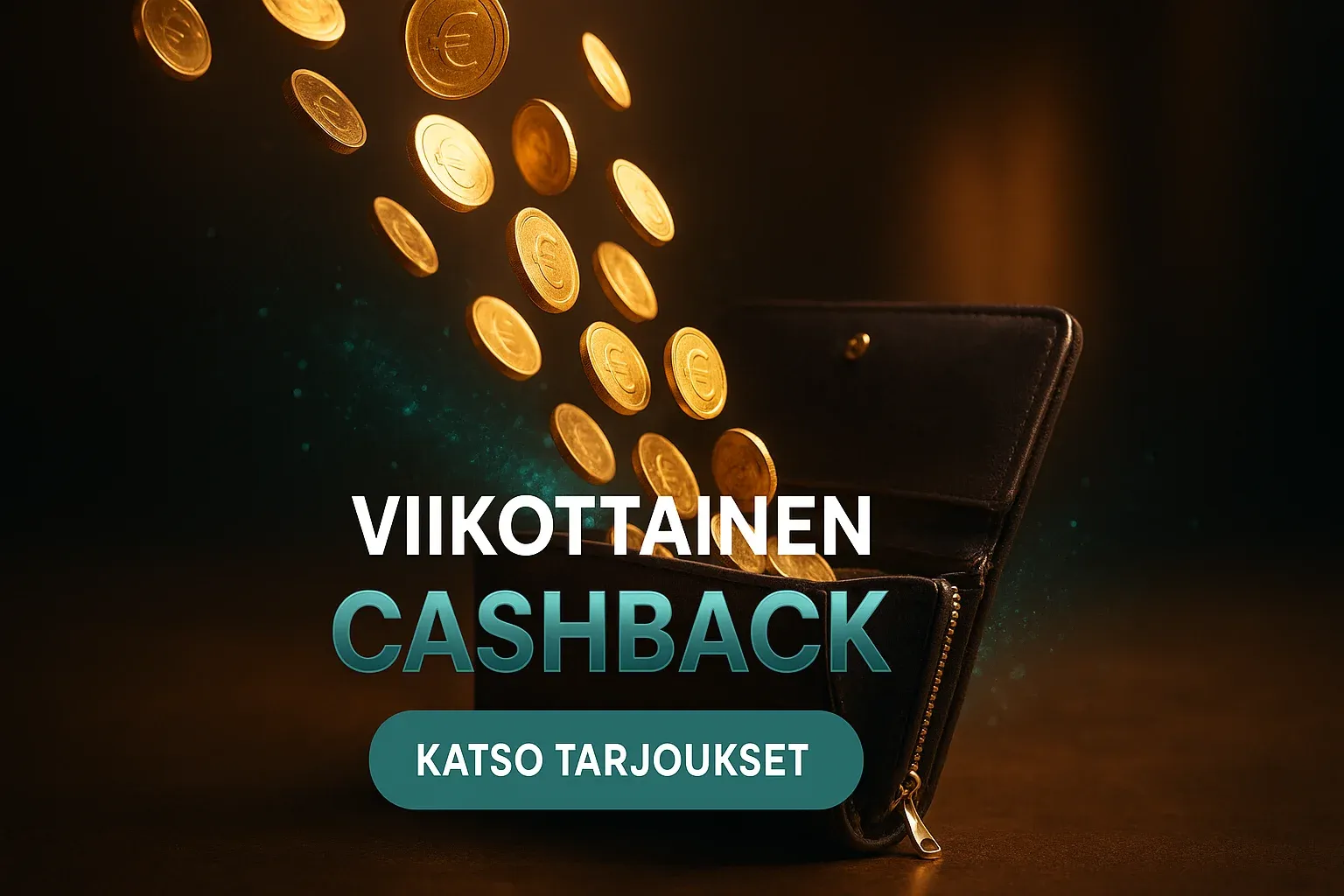 Viikoittainen cashback kasinobonusbanneri, kultakolikot virtaavat luksuslompakkoon, CTA-painike
