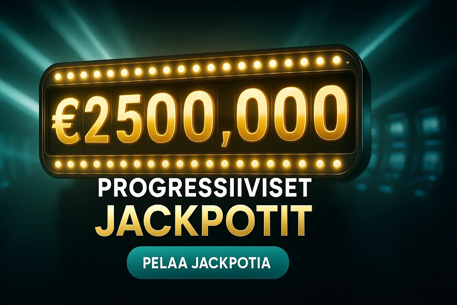 Fotorealistinen suomalainen kasinobanneri, 2 500 000 € jackpot, teal-valotehosteet
