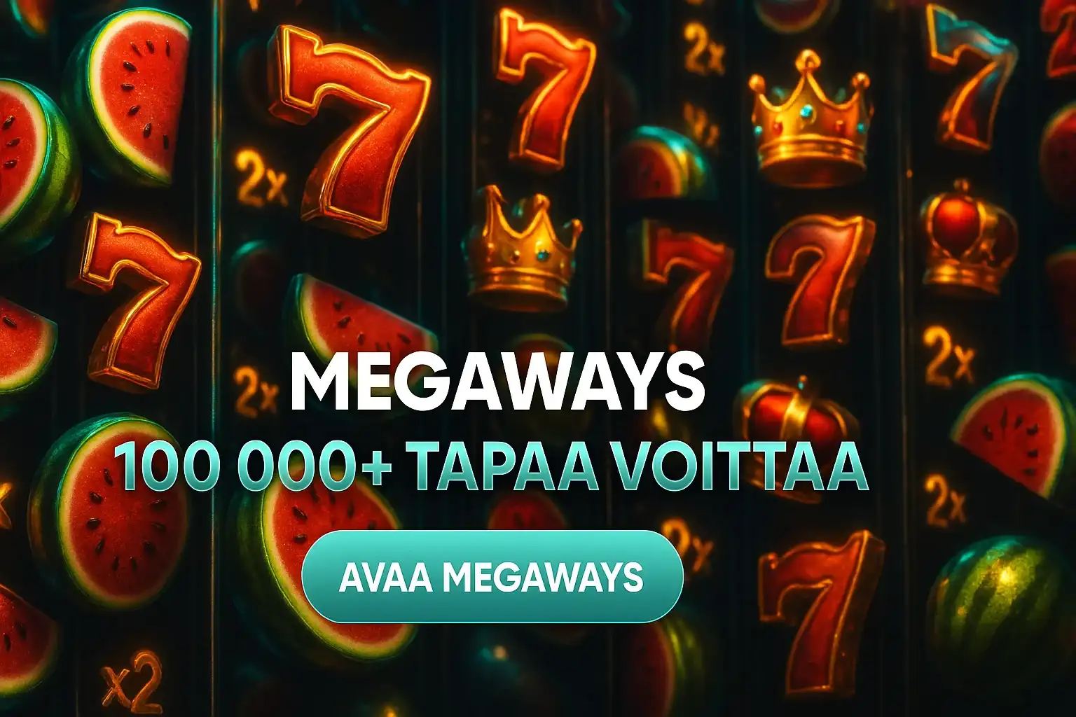 Fotorealistinen Megaways-kasinobanneri, kolikkosymbolit ja 100 000+ tapaa voittaa