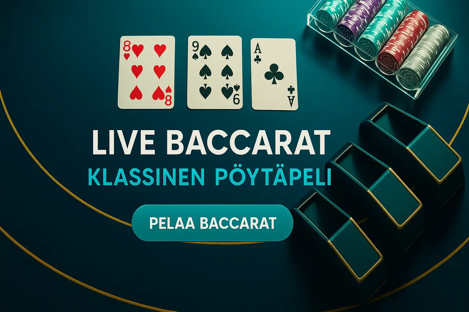 Live baccarat -pöytä ylhäältä, kortit ja pelimerkit VIP-kasinolla