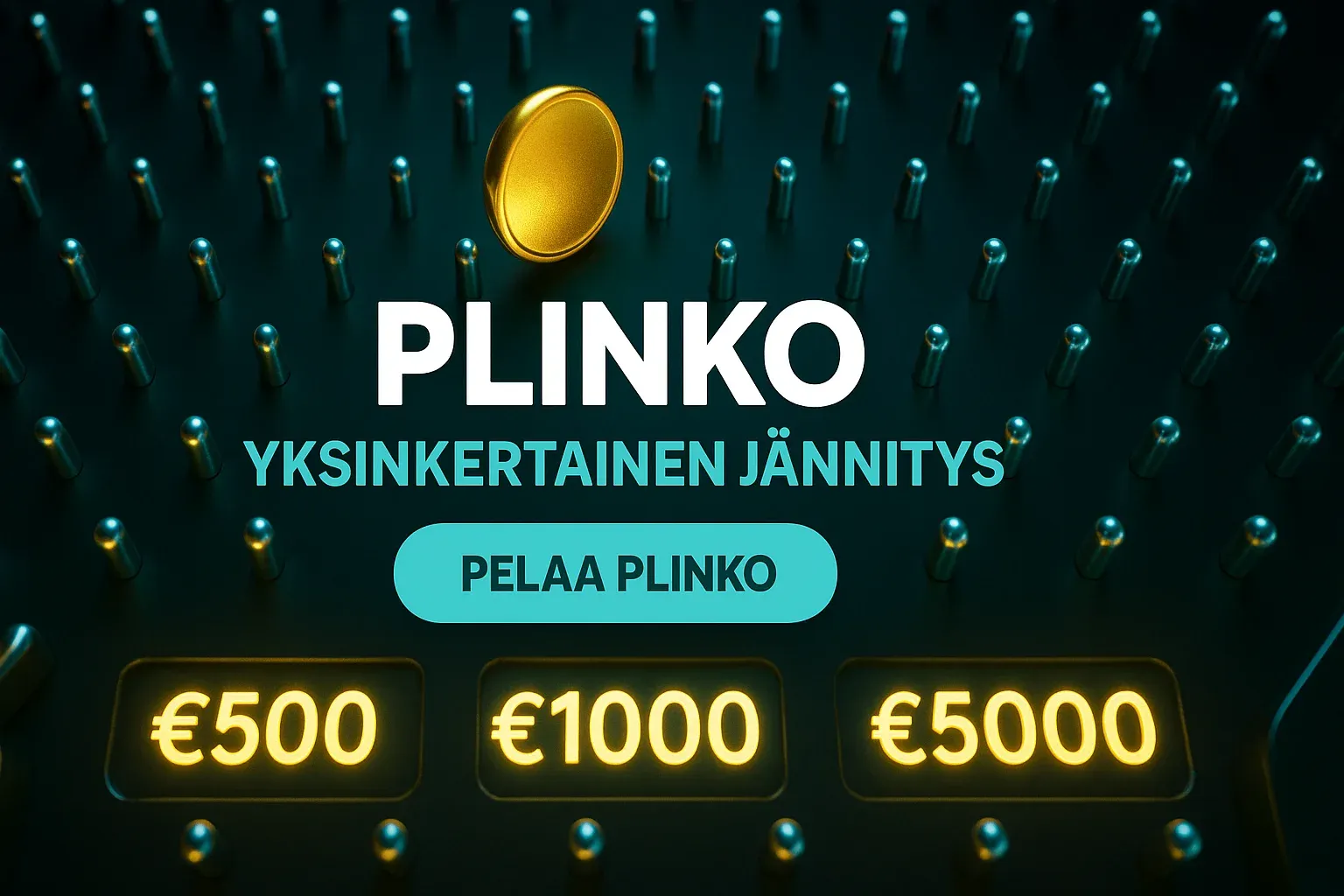 Fotorealistinen Plinko-kasinobanneri, kultakiekko putoaa ja palkinnot €500 €1000 €5000