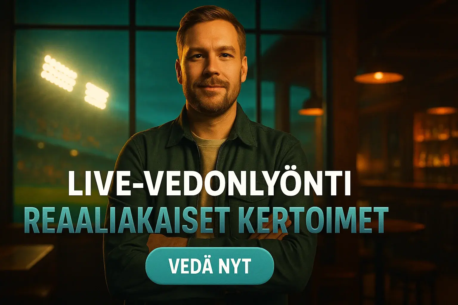 Fotorealistinen suomalainen live-vedonlyönti banneri, mies urheilubaarissa, CTA-nappi